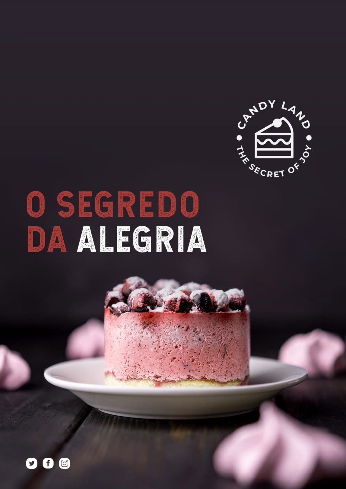 Cartaz original da Candy Land com o logótipo, o lema O segredo da alegria e um bolo decorado